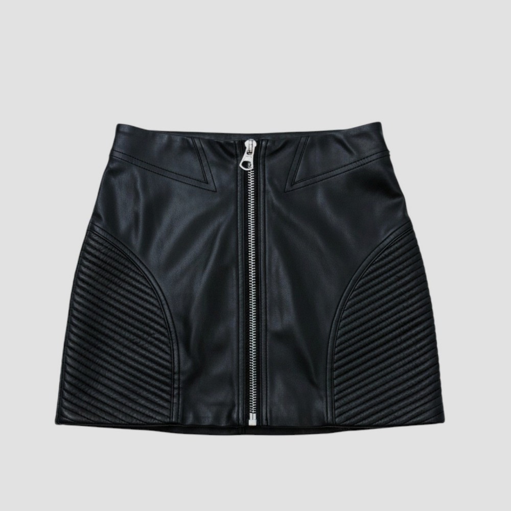 Bershka Faux Leather Mini Skirt Womens XS Black Quilted Moto Zip Front